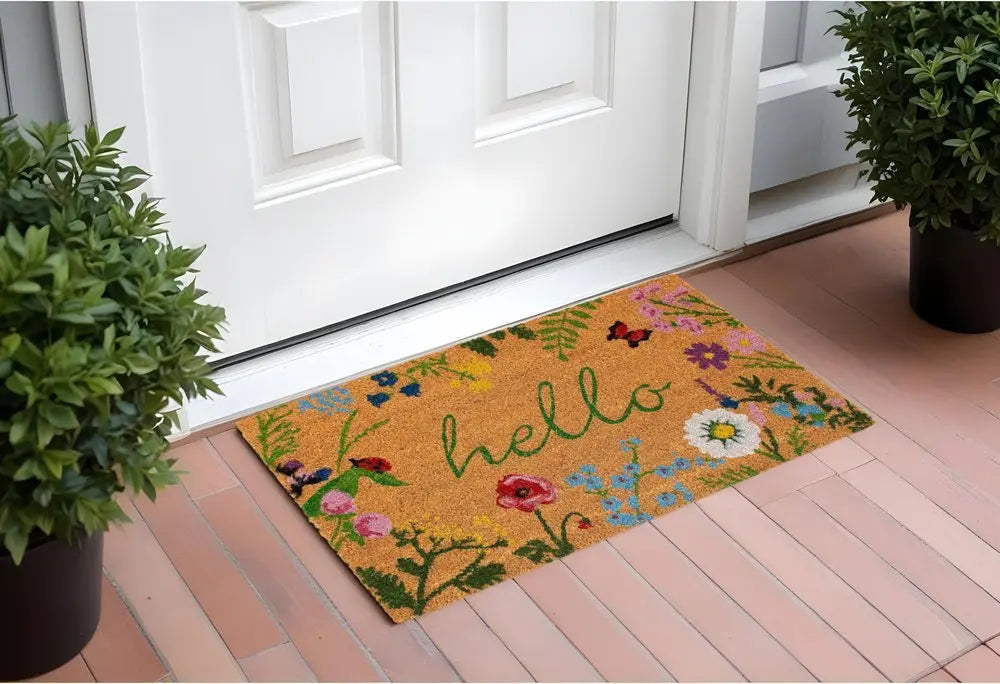 24" X 36" Natural and Green Coir Floral Hello Outdoor Door Mat - NOBLE HOME INTERIORS