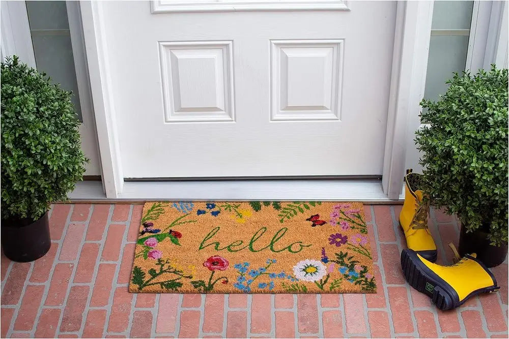 24" X 36" Natural and Green Coir Floral Hello Outdoor Door Mat - NOBLE HOME INTERIORS