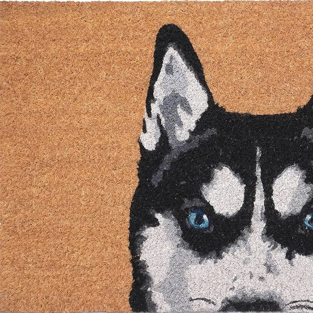 24" X 36" Natural Black and White Coir Siberian Husky Outdoor Door Mat - NOBLE HOME INTERIORS