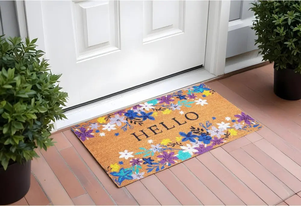 24" X 36" Natural Blue and Purple Coir Floral Hello Outdoor Door Mat - NOBLE HOME INTERIORS