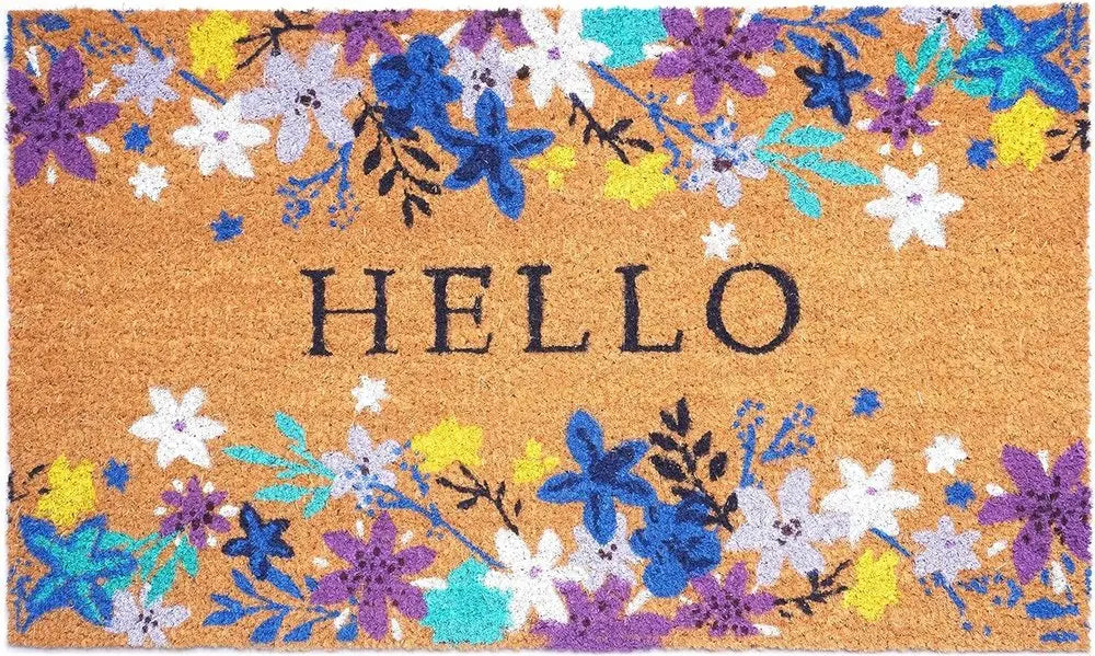 24" X 36" Natural Blue and Purple Coir Floral Hello Outdoor Door Mat - NOBLE HOME INTERIORS