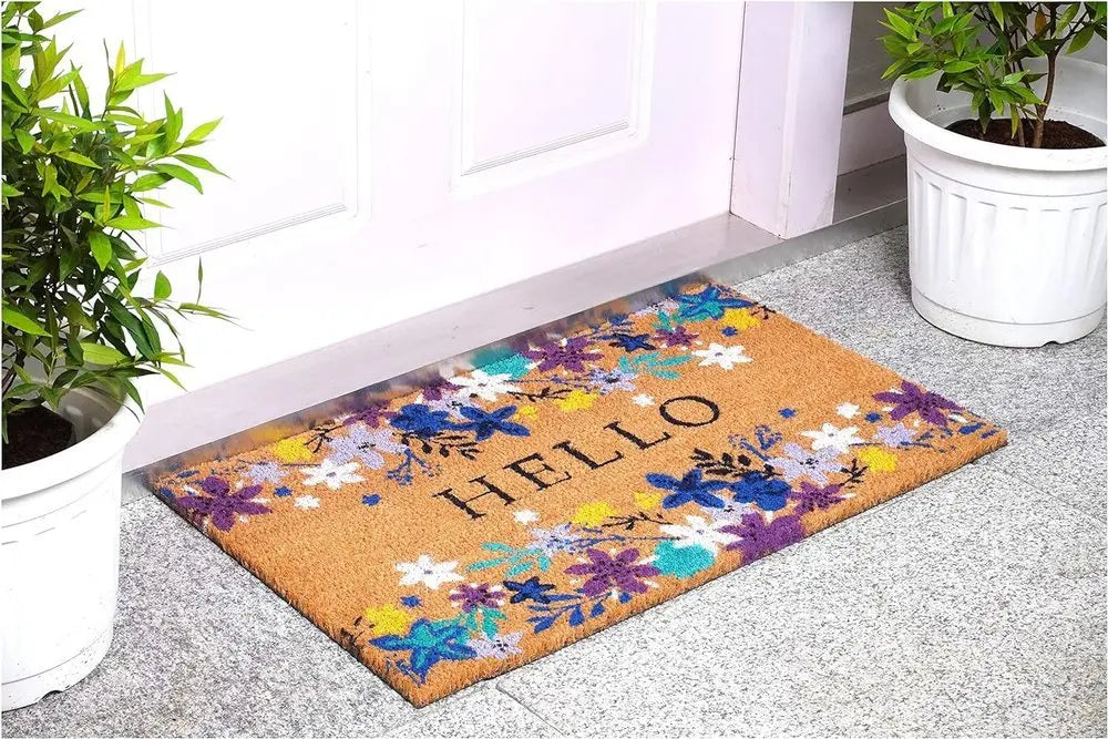24" X 36" Natural Blue and Purple Coir Floral Hello Outdoor Door Mat - NOBLE HOME INTERIORS