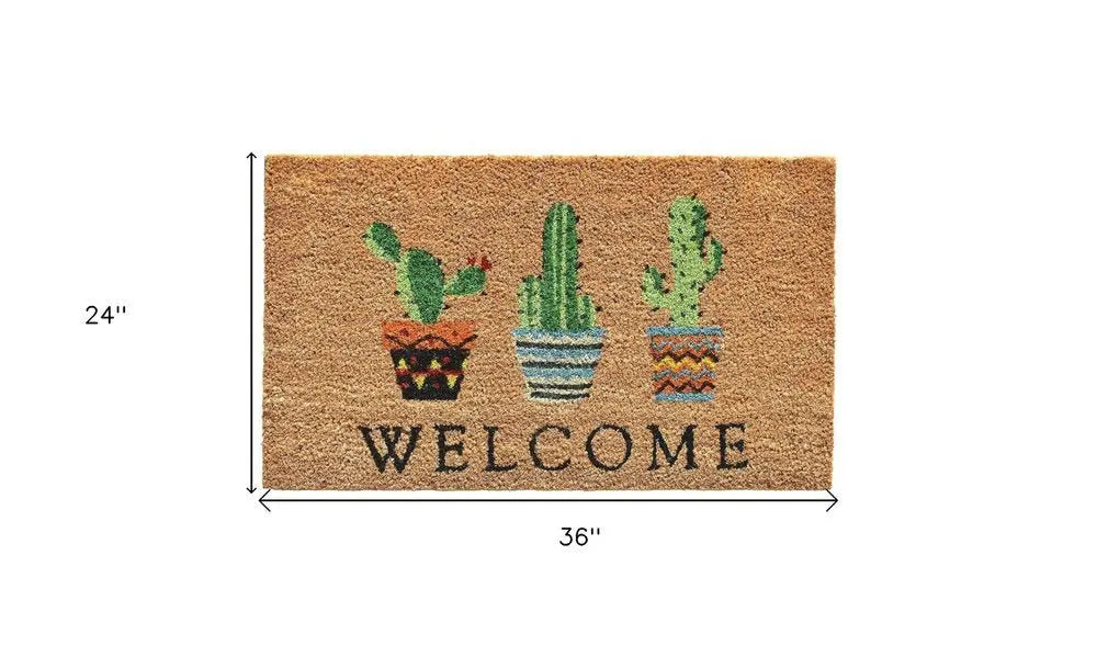 24" X 36" Natural Green and Black Coir Cactus Welcome Outdoor Door Mat - NOBLE HOME INTERIORS