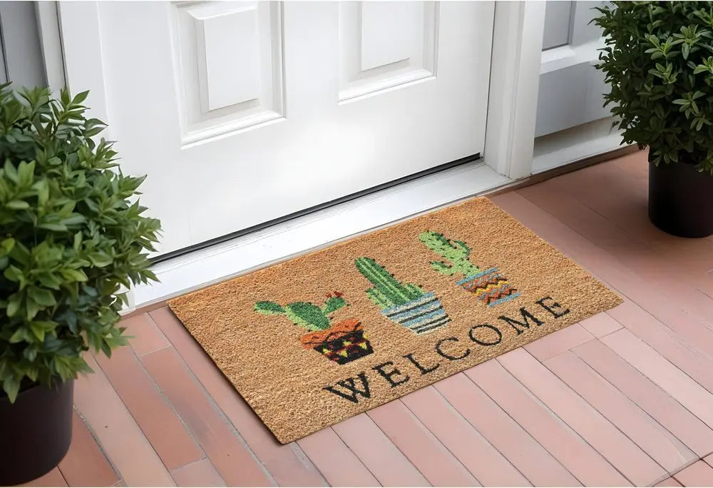 24" X 36" Natural Green and Black Coir Cactus Welcome Outdoor Door Mat - NOBLE HOME INTERIORS