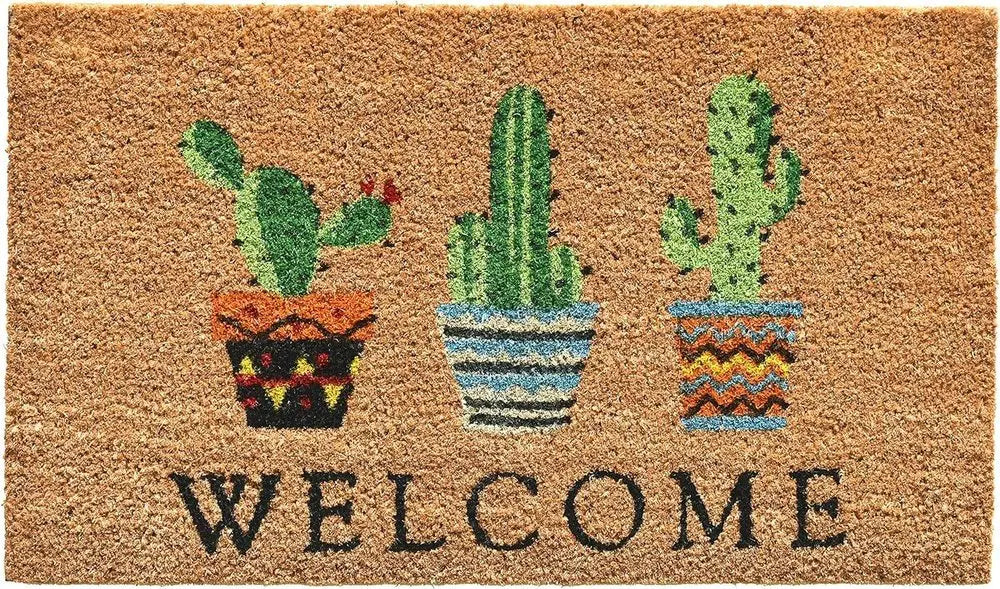 24" X 36" Natural Green and Black Coir Cactus Welcome Outdoor Door Mat - NOBLE HOME INTERIORS