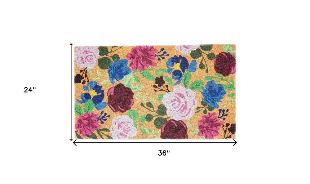24" X 36" Natural Pink and Green Coir Floral Outdoor Door Mat - NOBLE HOME INTERIORS