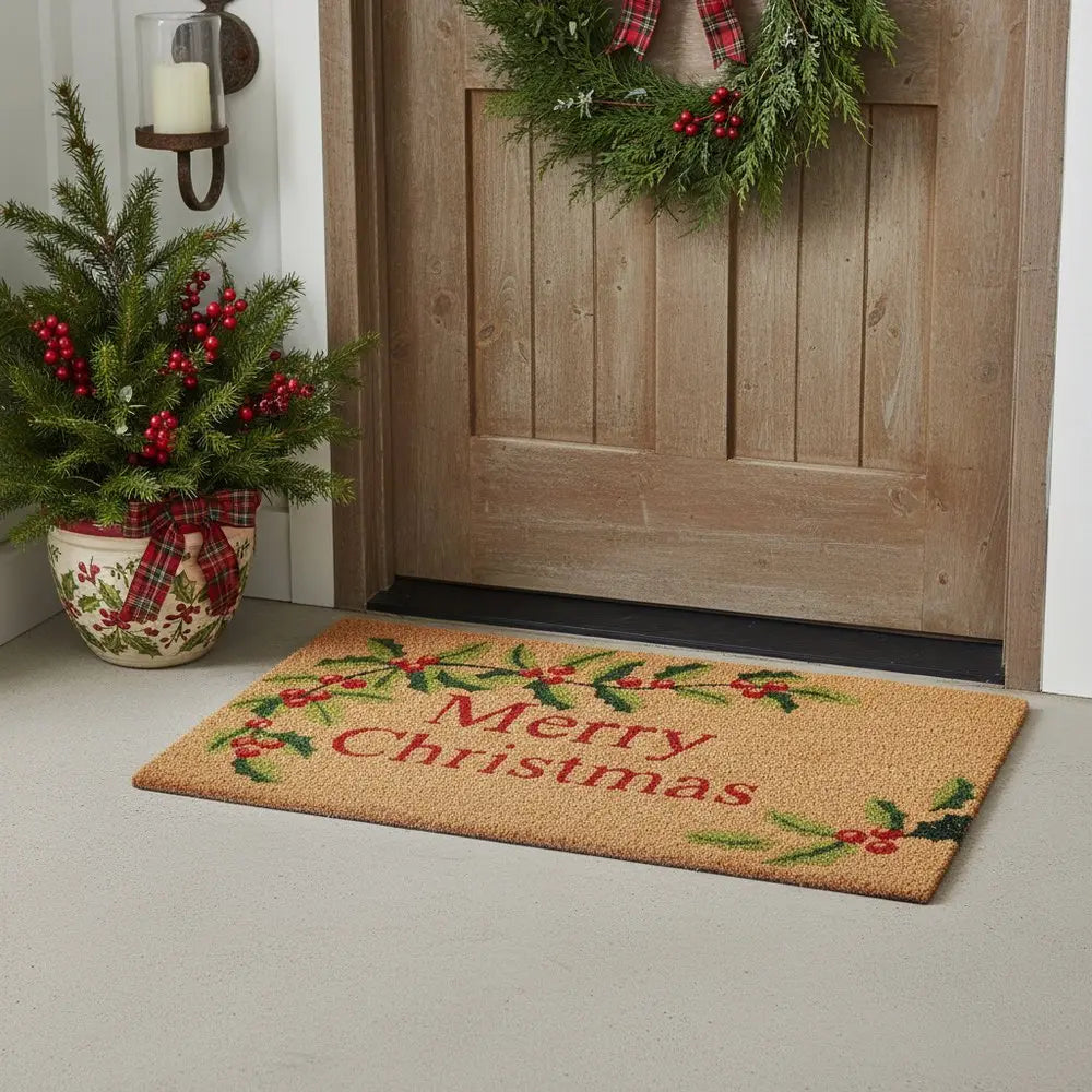 24" X 36" Natural Red and Green Coir Merry Christmas Outdoor Christmas Door Mat - NOBLE HOME INTERIORS