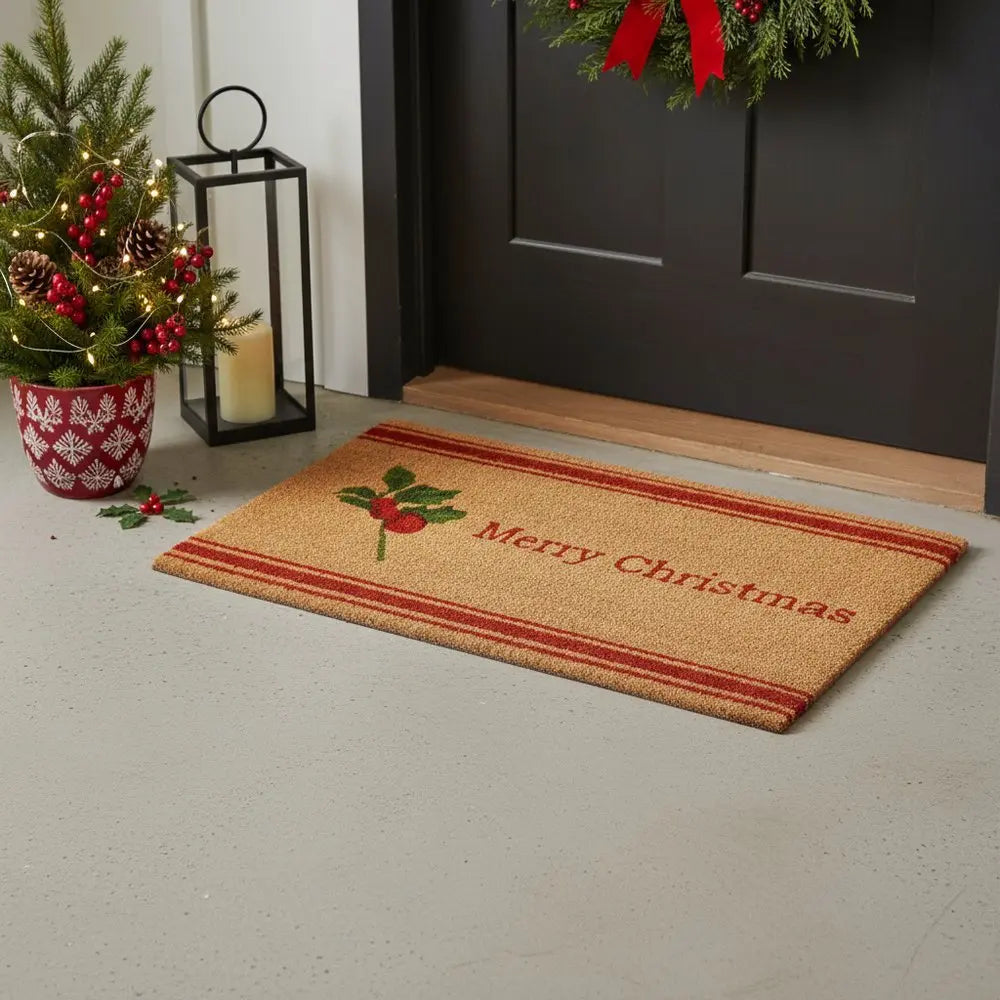24" X 36" Natural Red and Green Coir Merry Christmas Outdoor Christmas Door Mat - NOBLE HOME INTERIORS