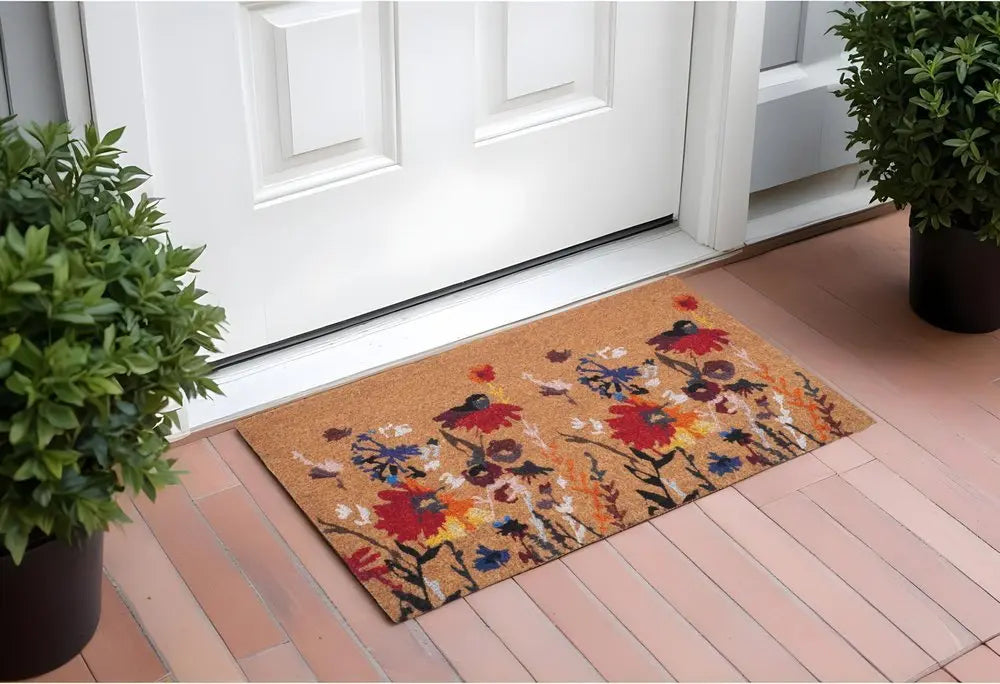 24" X 36" Natural Red and Yellow Coir Floral Outdoor Door Mat - NOBLE HOME INTERIORS