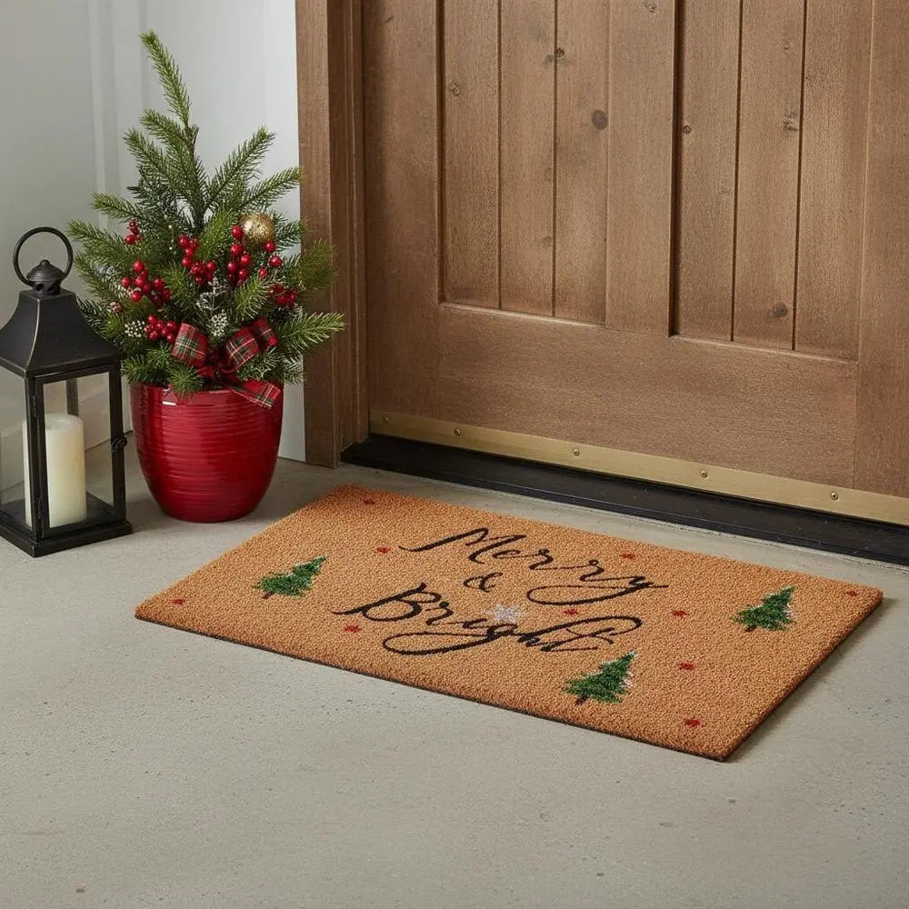 24" X 36" Red and Black Coir Merry and Bright Outdoor Christmas Door Mat - NOBLE HOME INTERIORS