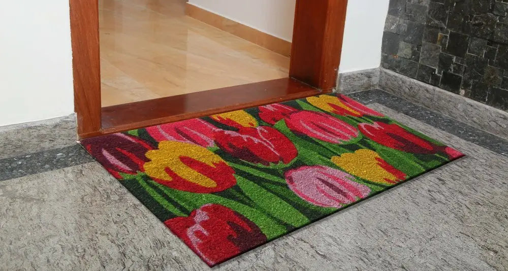 24" X 36" Red and Green Coir Floral Outdoor Spring Door Mat - NOBLE HOME INTERIORS
