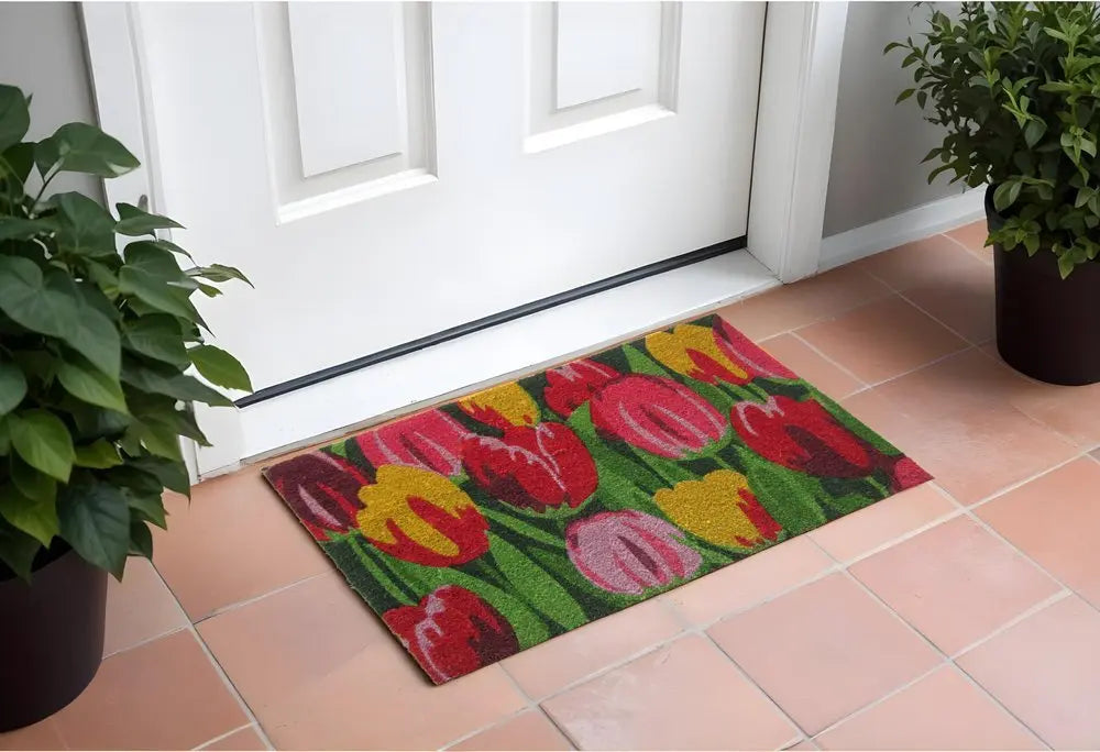 24" X 36" Red and Green Coir Floral Outdoor Spring Door Mat - NOBLE HOME INTERIORS