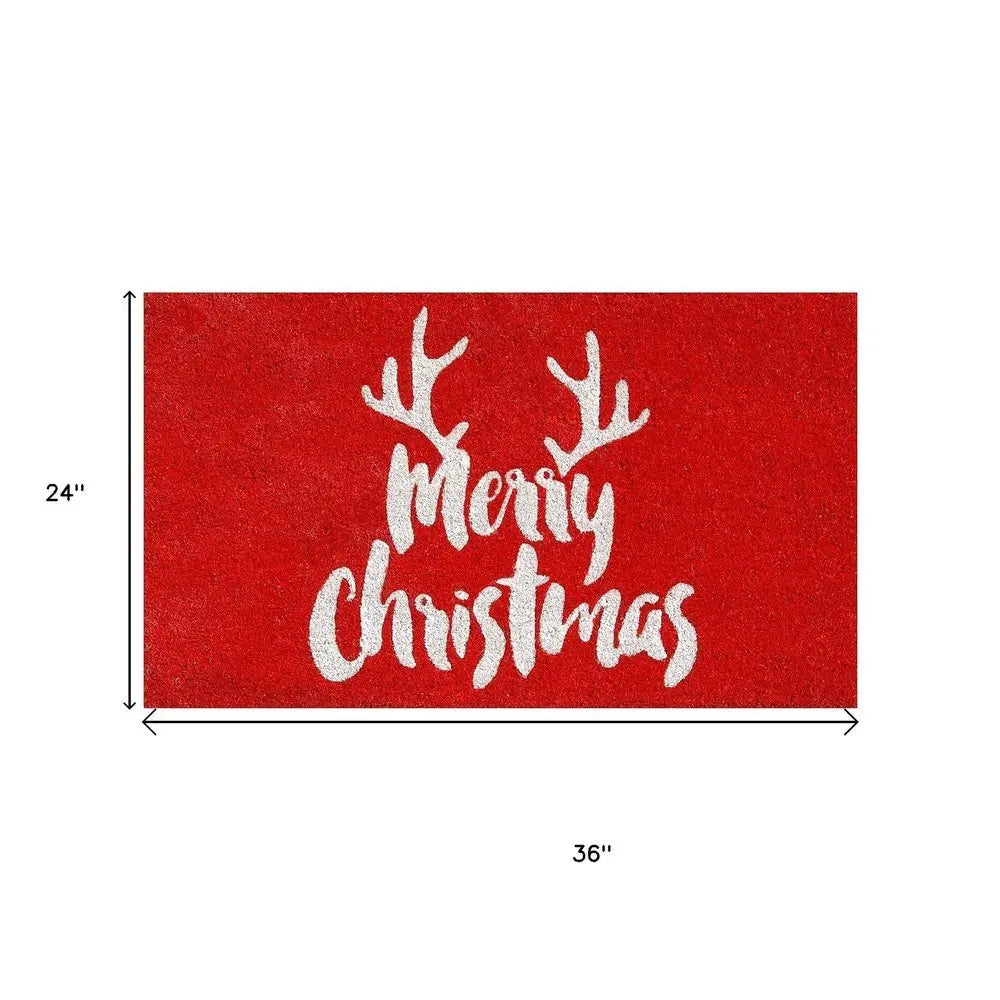24" X 36" Red And White Coir Reindeer Outdoor Christmas Door Mat - NOBLE HOME INTERIORS