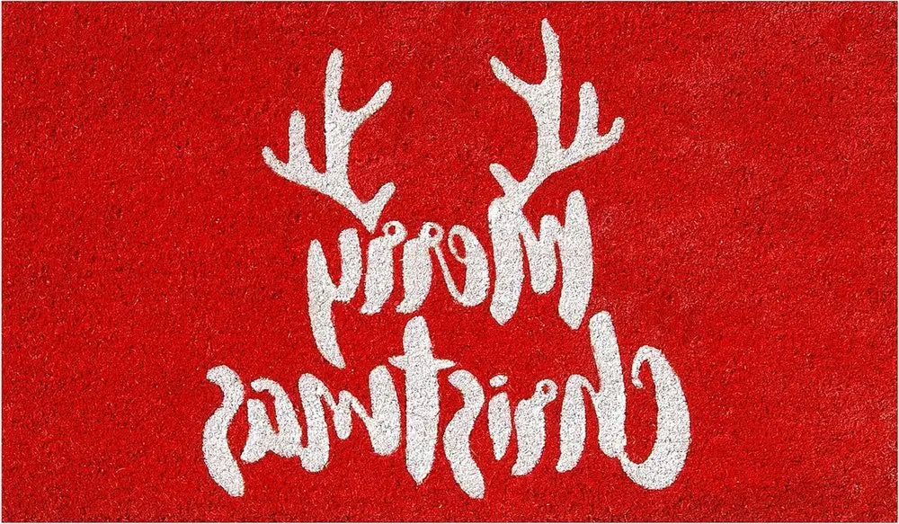 24" X 36" Red And White Coir Reindeer Outdoor Christmas Door Mat - NOBLE HOME INTERIORS