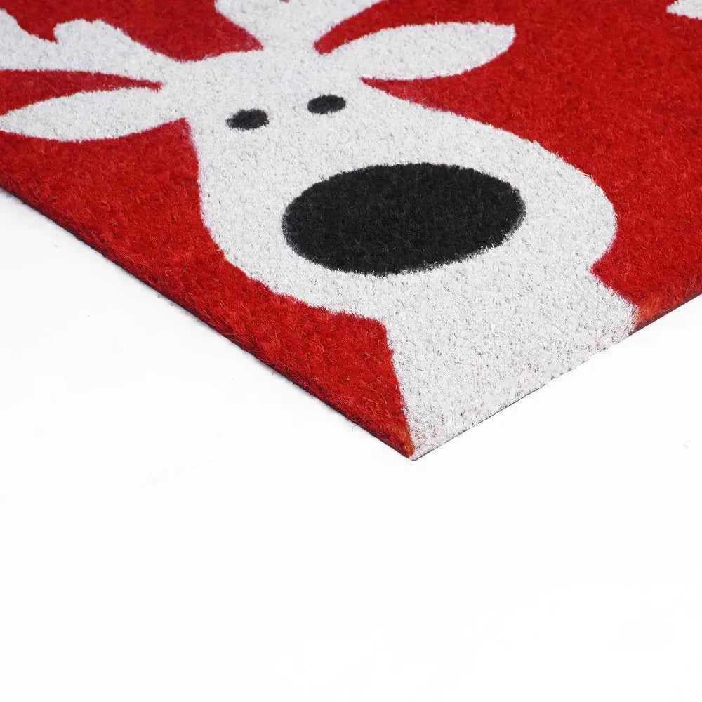24" X 36" Red White And Black Christmas Reindeer Outdoor Coir Door Mat - NOBLE HOME INTERIORS