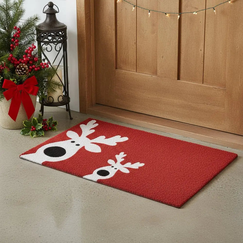 24" X 36" Red White And Black Christmas Reindeer Outdoor Coir Door Mat - NOBLE HOME INTERIORS