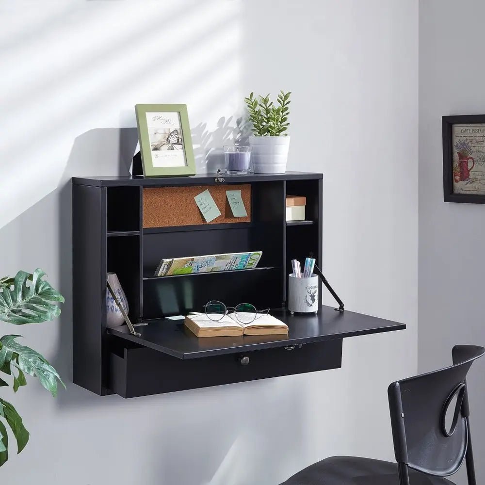 26" Black Wood Wall Mounted Folding Floating Desk - NOBLE HOME INTERIORS