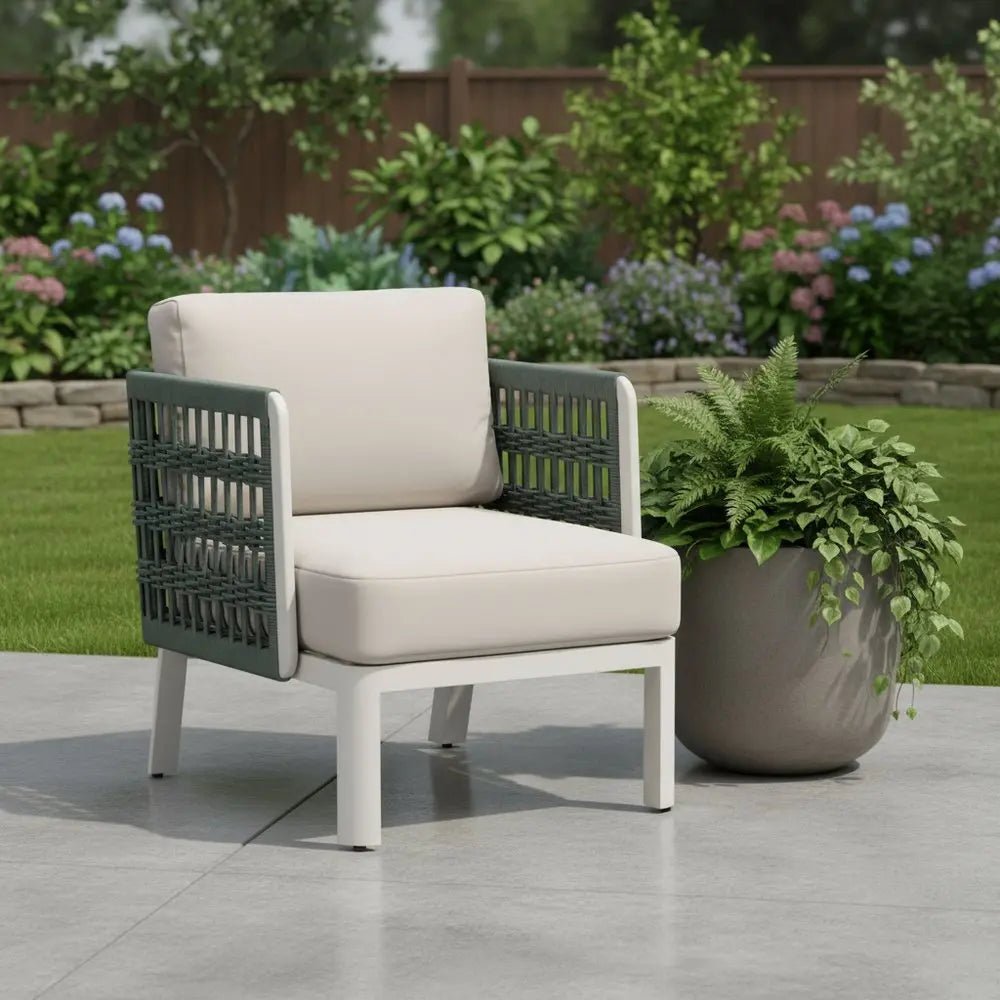 27" Green And White Aluminum Outdoor Accent Chair with White Cushion - NOBLE HOME INTERIORS