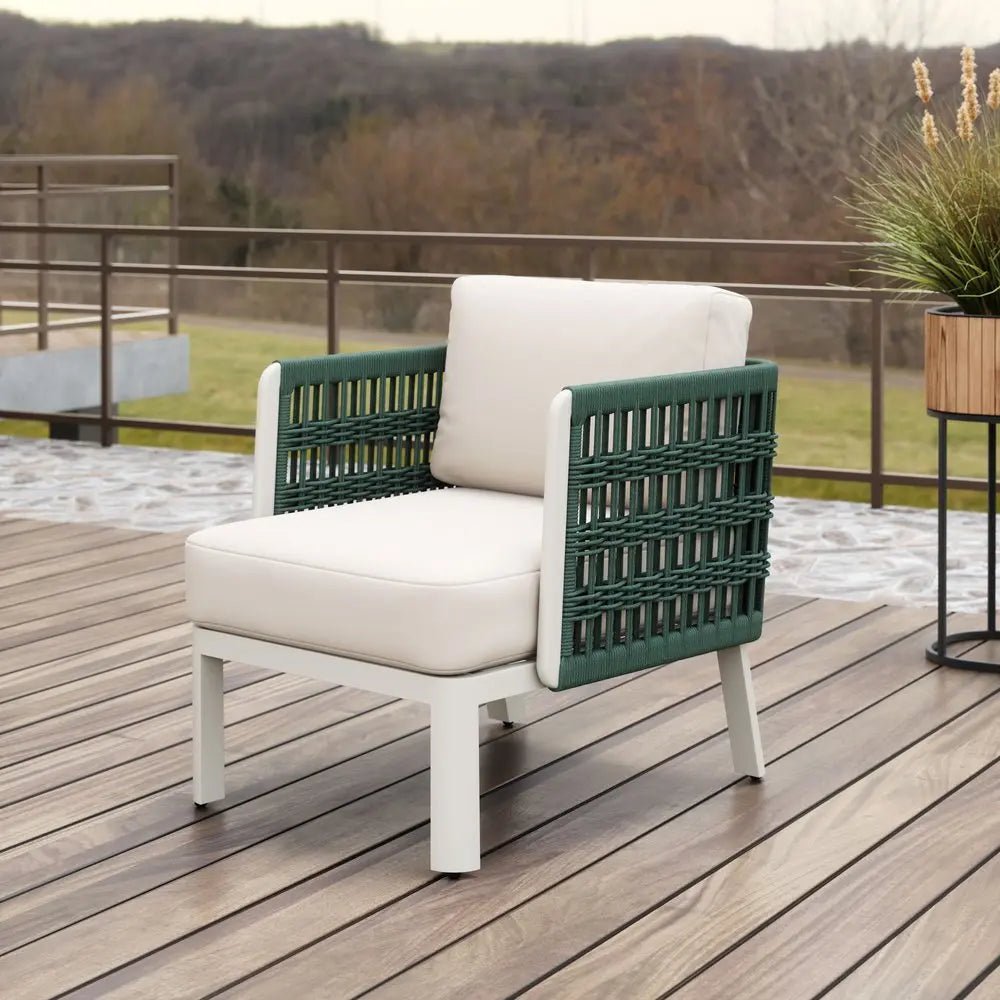 27" Green And White Aluminum Outdoor Accent Chair with White Cushion - NOBLE HOME INTERIORS