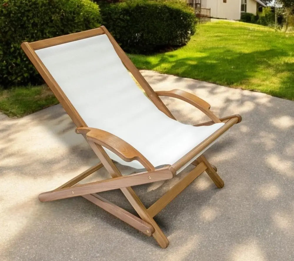 27" White and Natural Wood Solid Wood Indoor Outdoor Deck Chair - NOBLE HOME INTERIORS