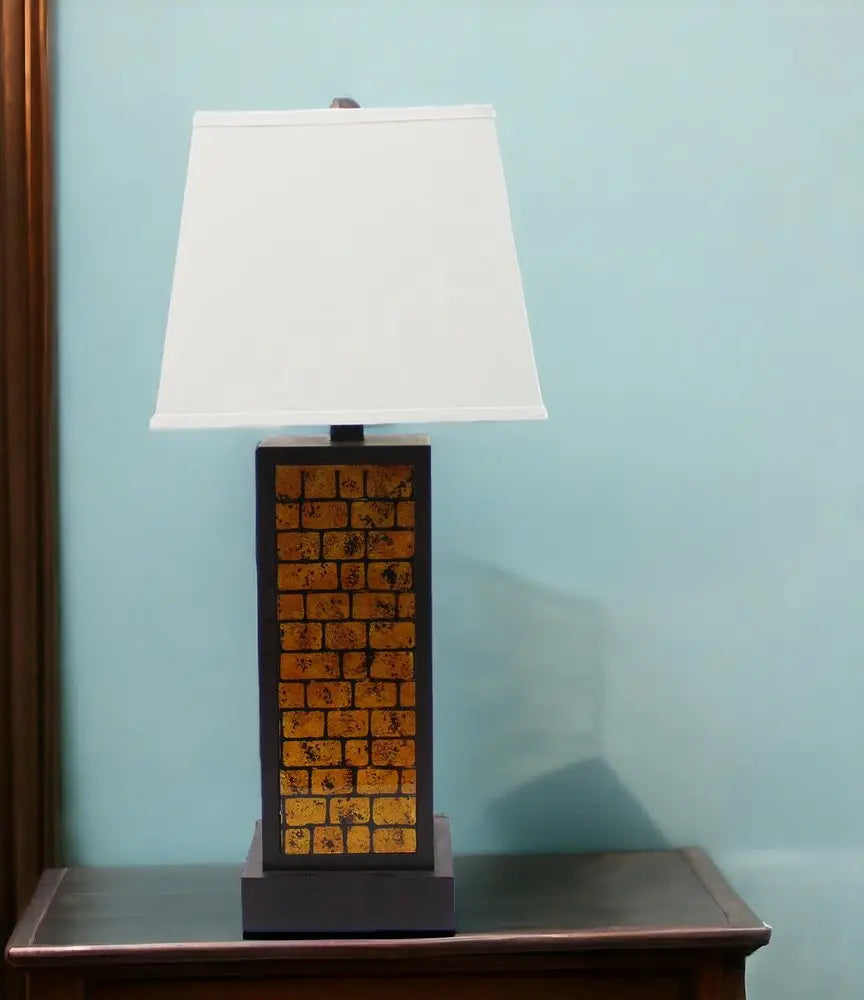 31" Black and Yellow Metal Bedside Table Lamp With White Empire Shade HomeRoots