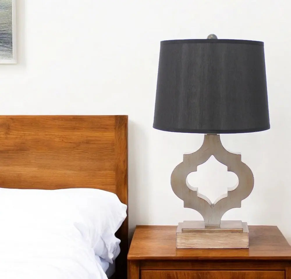 25" Distressed Brown Wood Novelty Bedside Lamp With Black Drum Shade HomeRoots