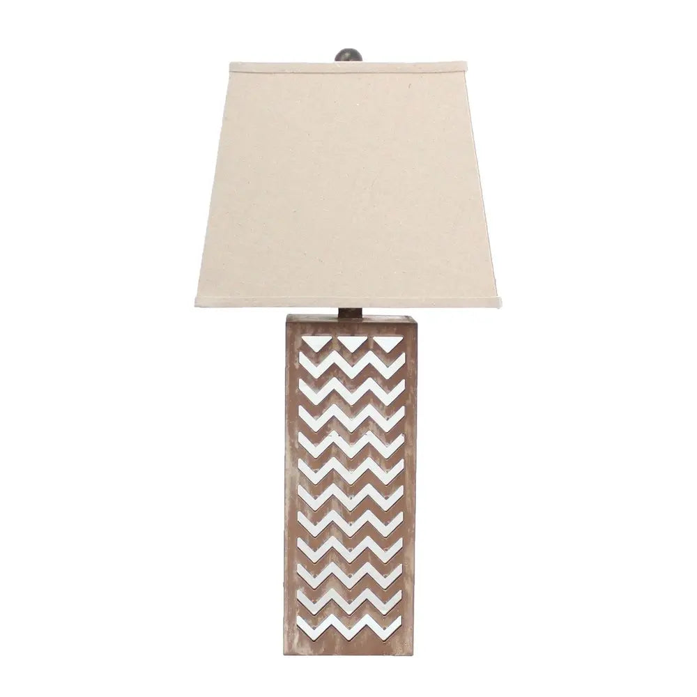 28" Distressed Natural And Silver Metal Bedside Lamp With Beige Cone Shade HomeRoots