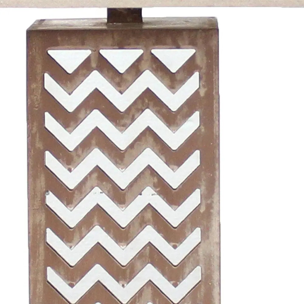 28" Distressed Natural And Silver Metal Bedside Lamp With Beige Cone Shade HomeRoots