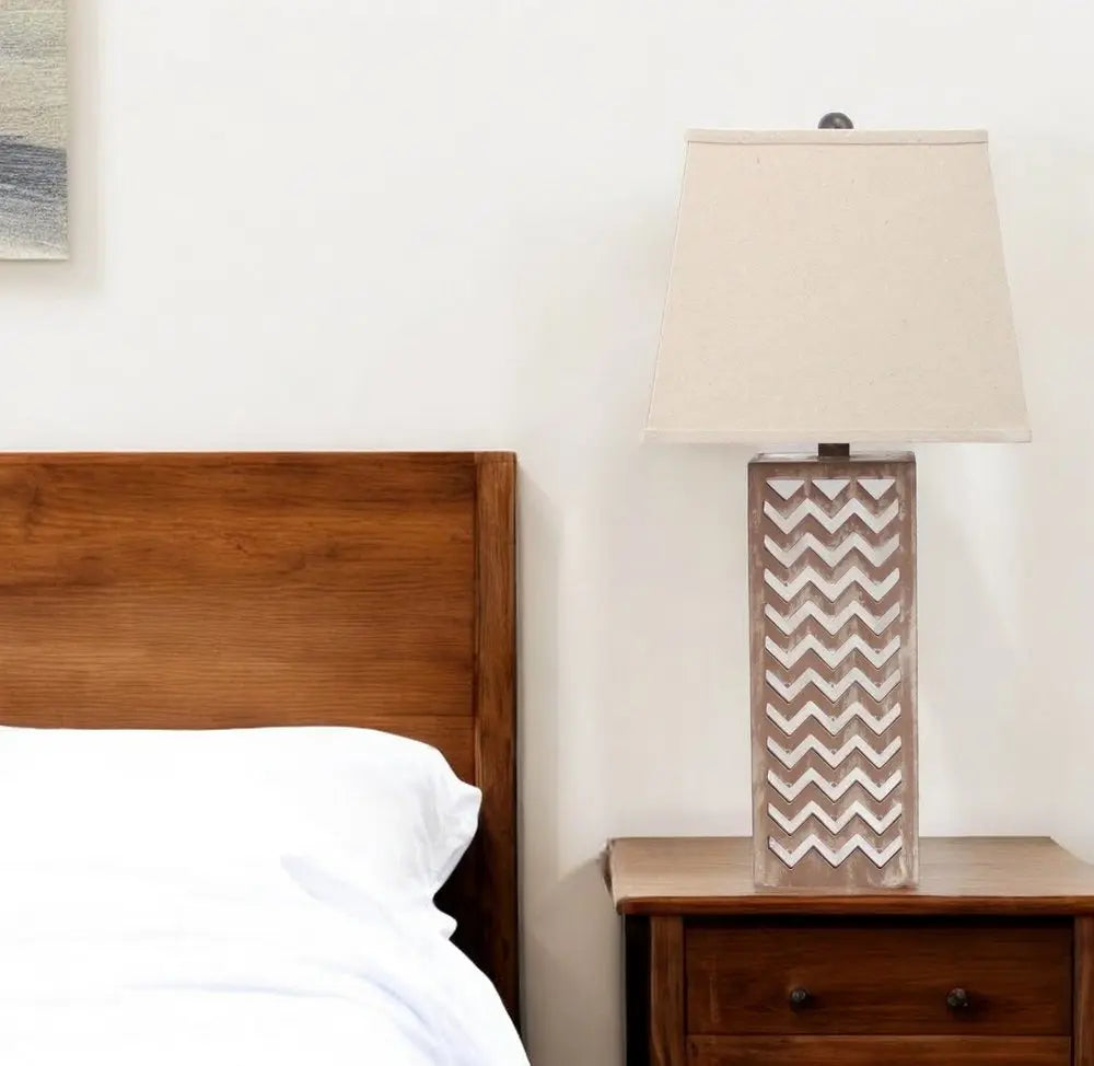 28" Distressed Natural And Silver Metal Bedside Lamp With Beige Cone Shade HomeRoots