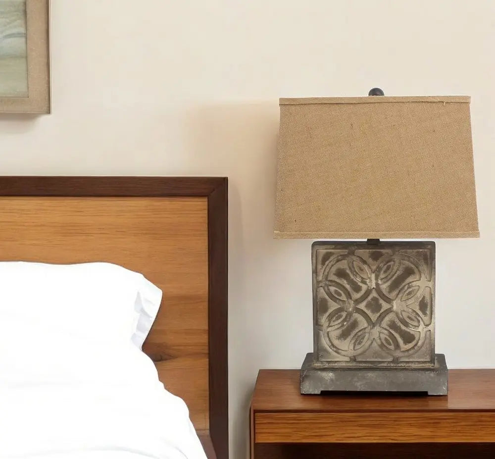 25" Distressed Brown Metal Bedside Lamp With Khaki Shade HomeRoots
