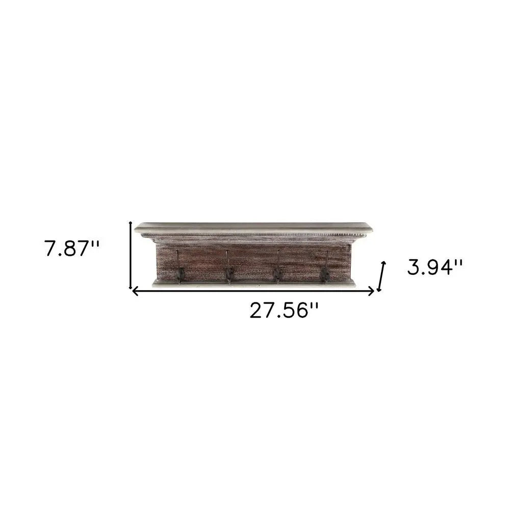 28" Brown Solid Wood Four Hook Wall Mount Coat Rack - NOBLE HOME INTERIORS
