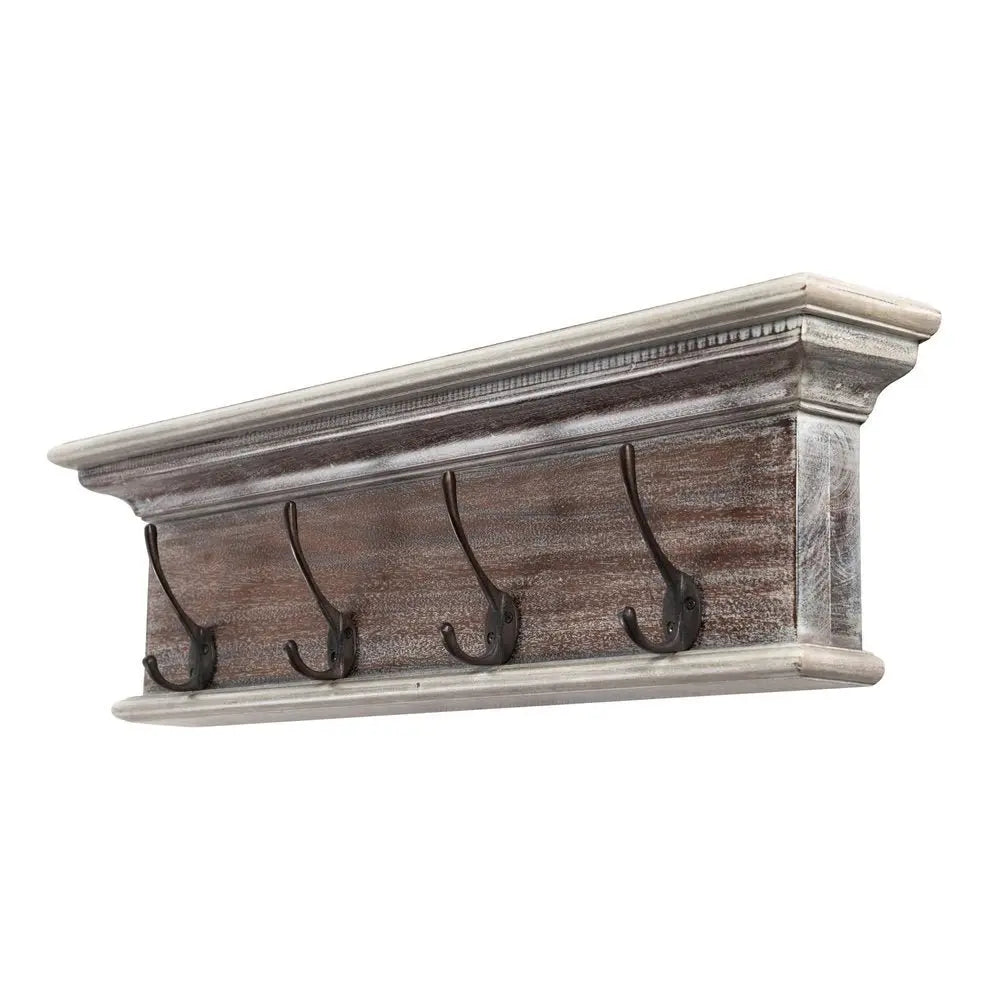 28" Brown Solid Wood Four Hook Wall Mount Coat Rack - NOBLE HOME INTERIORS