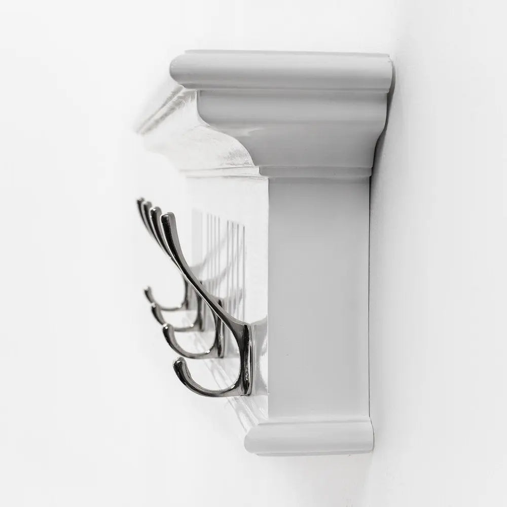 28" White Solid Wood Four Hook Wall Mount Coat Rack - NOBLE HOME INTERIORS