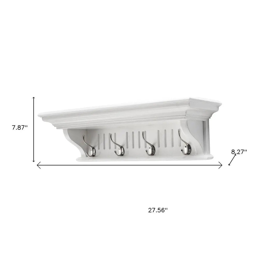 28" White Solid Wood Four Hook Wall Mount Coat Rack - NOBLE HOME INTERIORS