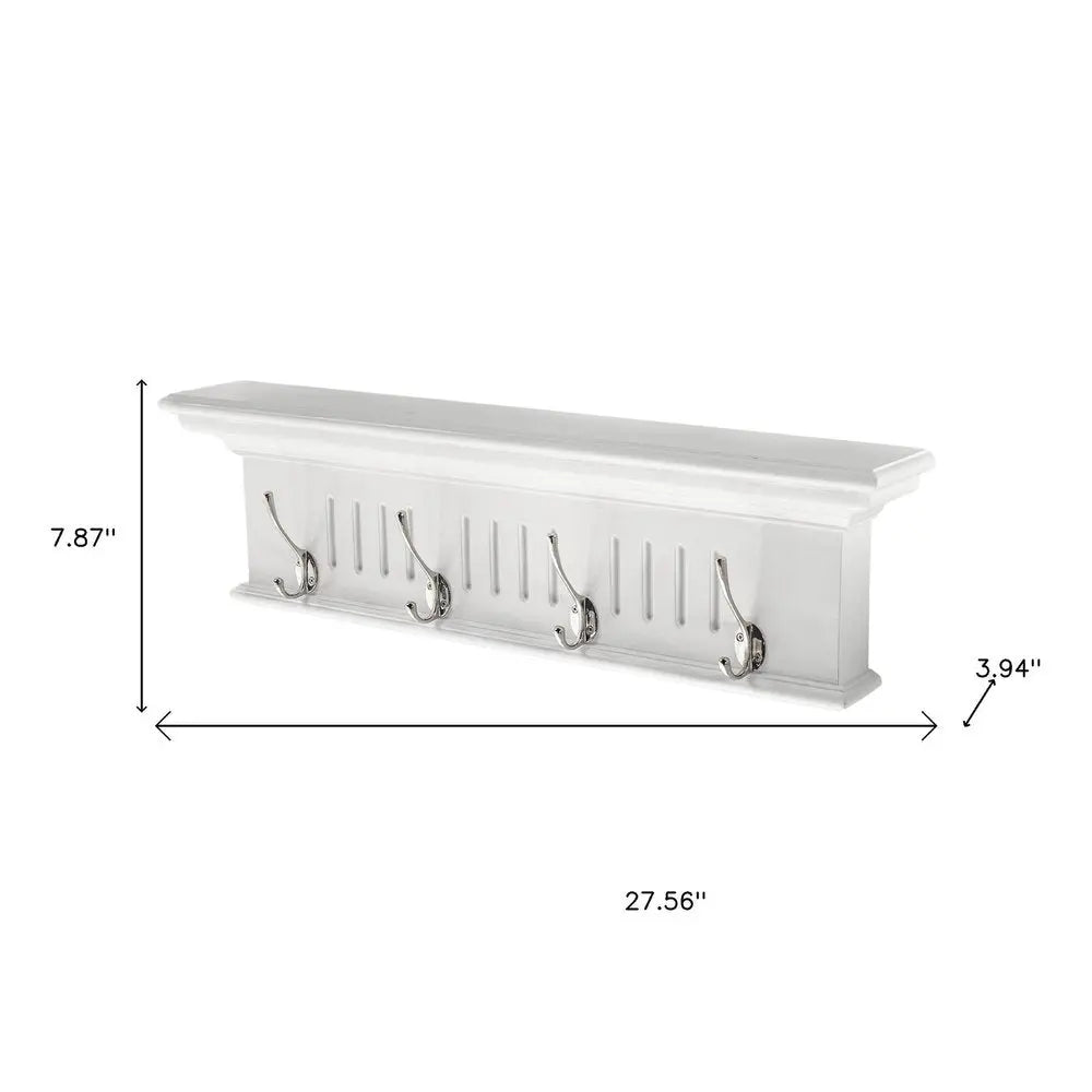 28" White Solid Wood Four Hook Wall Mount Coat Rack - NOBLE HOME INTERIORS
