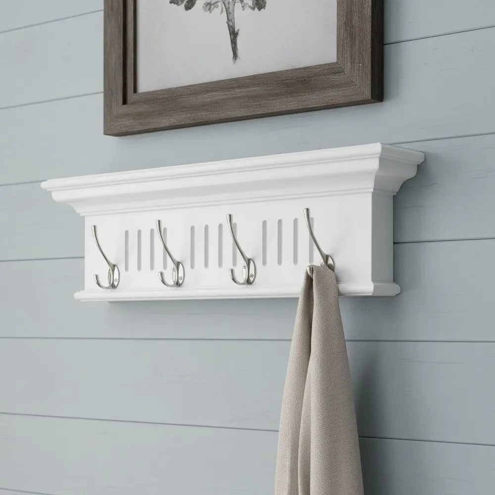 28" White Solid Wood Four Hook Wall Mount Coat Rack - NOBLE HOME INTERIORS