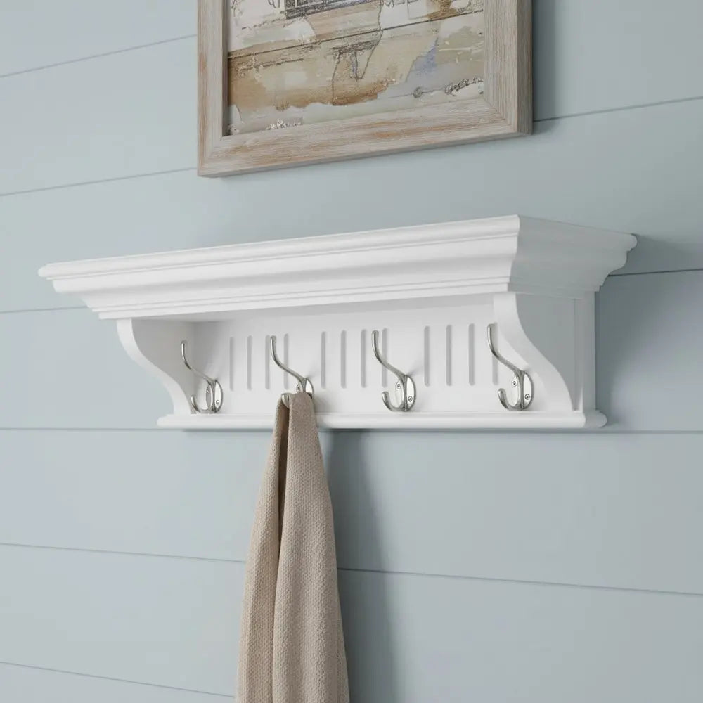 28" White Solid Wood Four Hook Wall Mount Coat Rack - NOBLE HOME INTERIORS