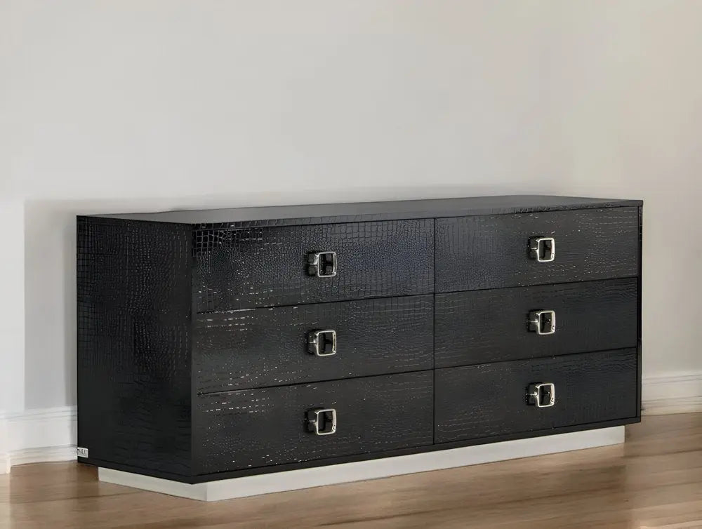 63" Black Six Drawer Shagreen Faux Croc Double Dresser HomeRoots