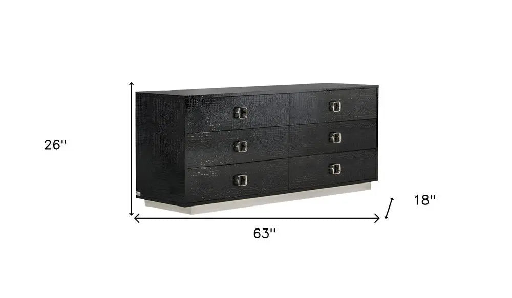 63" Black Six Drawer Shagreen Faux Croc Double Dresser HomeRoots