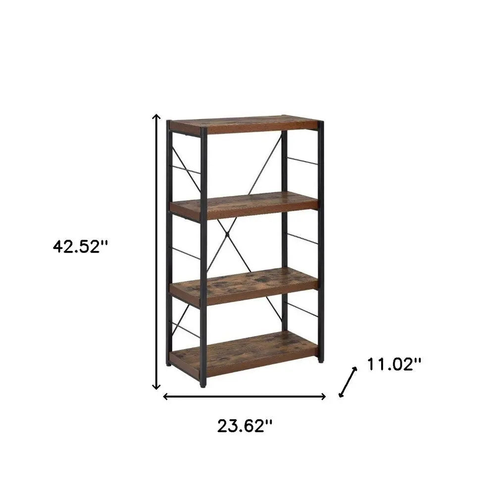 43" Black And Brown Distressed Metal and Wood Three Tier Etagere Bookcase HomeRoots