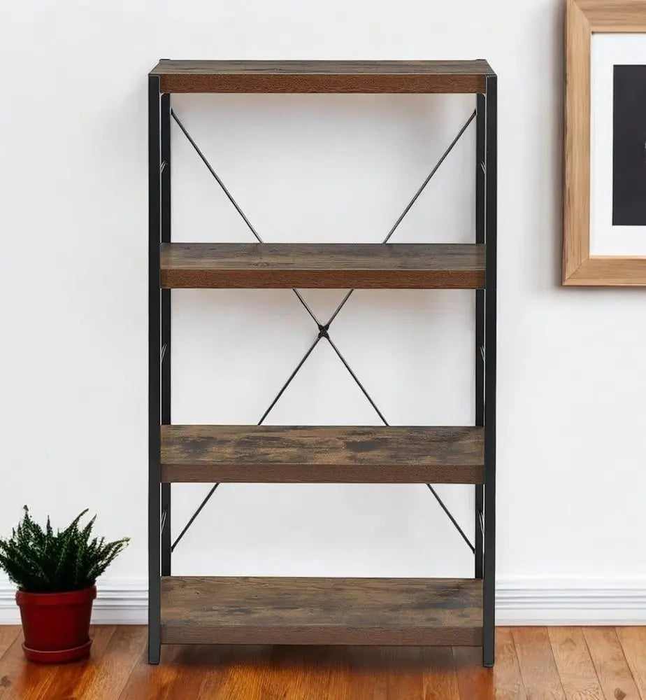 43" Black And Brown Distressed Metal and Wood Three Tier Etagere Bookcase HomeRoots