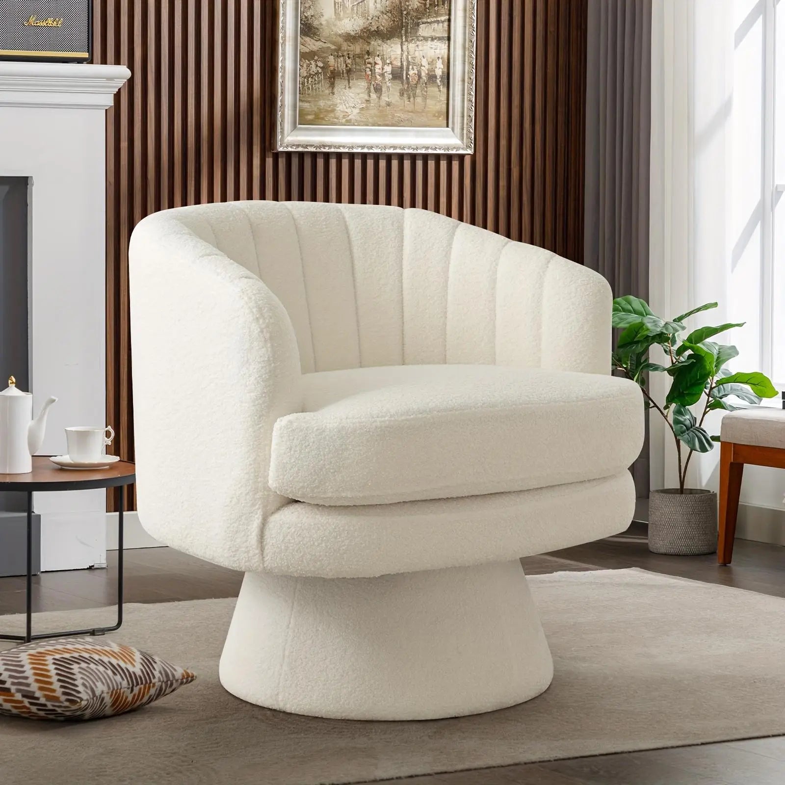 29" Modern Beige Swivel Accent Chair with Cozy Teddy Fabric and Channel Design - NOVA - HOME - FURNITURE