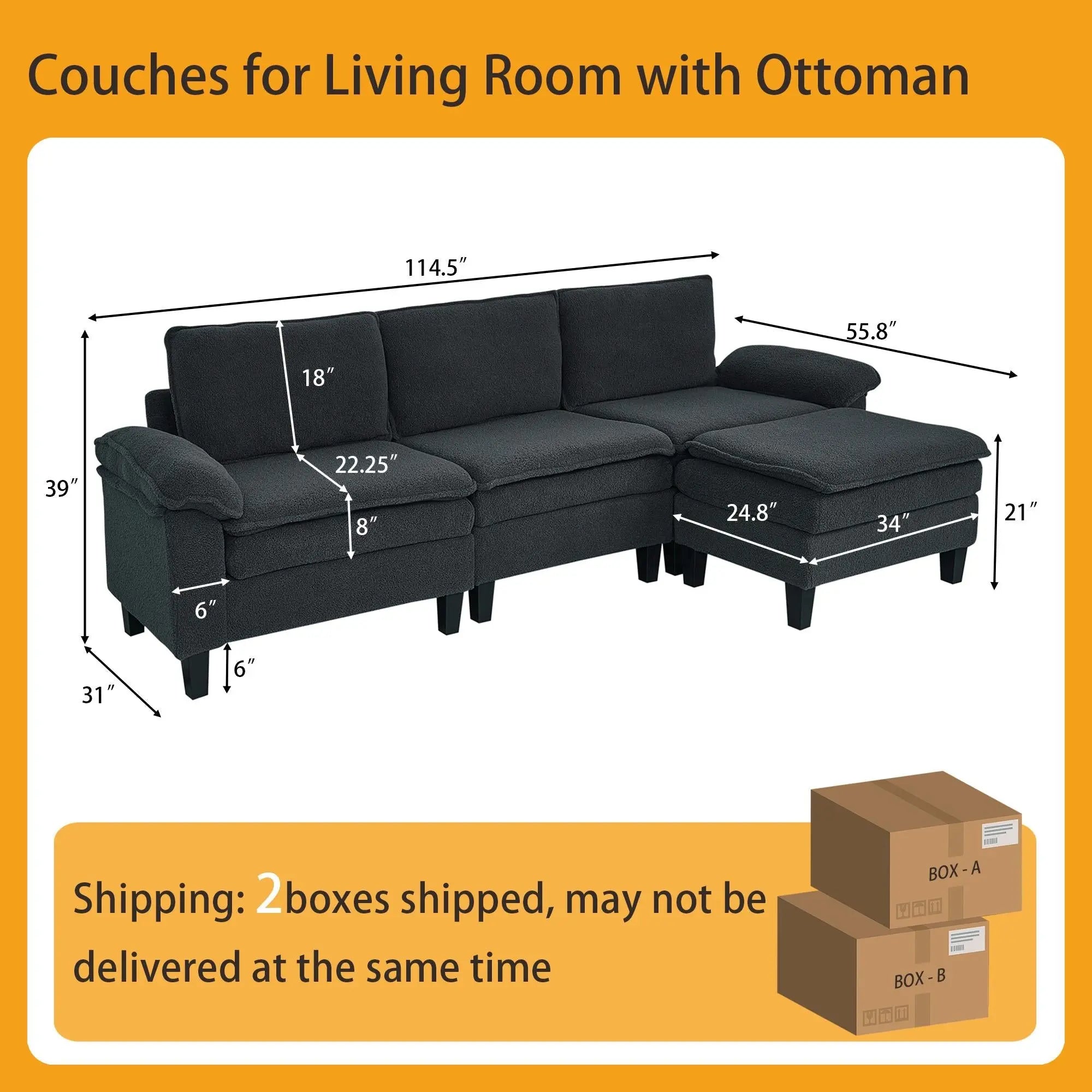 3 - Seater Modular Sofa with Ottoman - Teddy Velvet, Solid Wood & Spring Cushion, Double - Layered Seat for Living Room - NOVA - HOME - FURNITURE