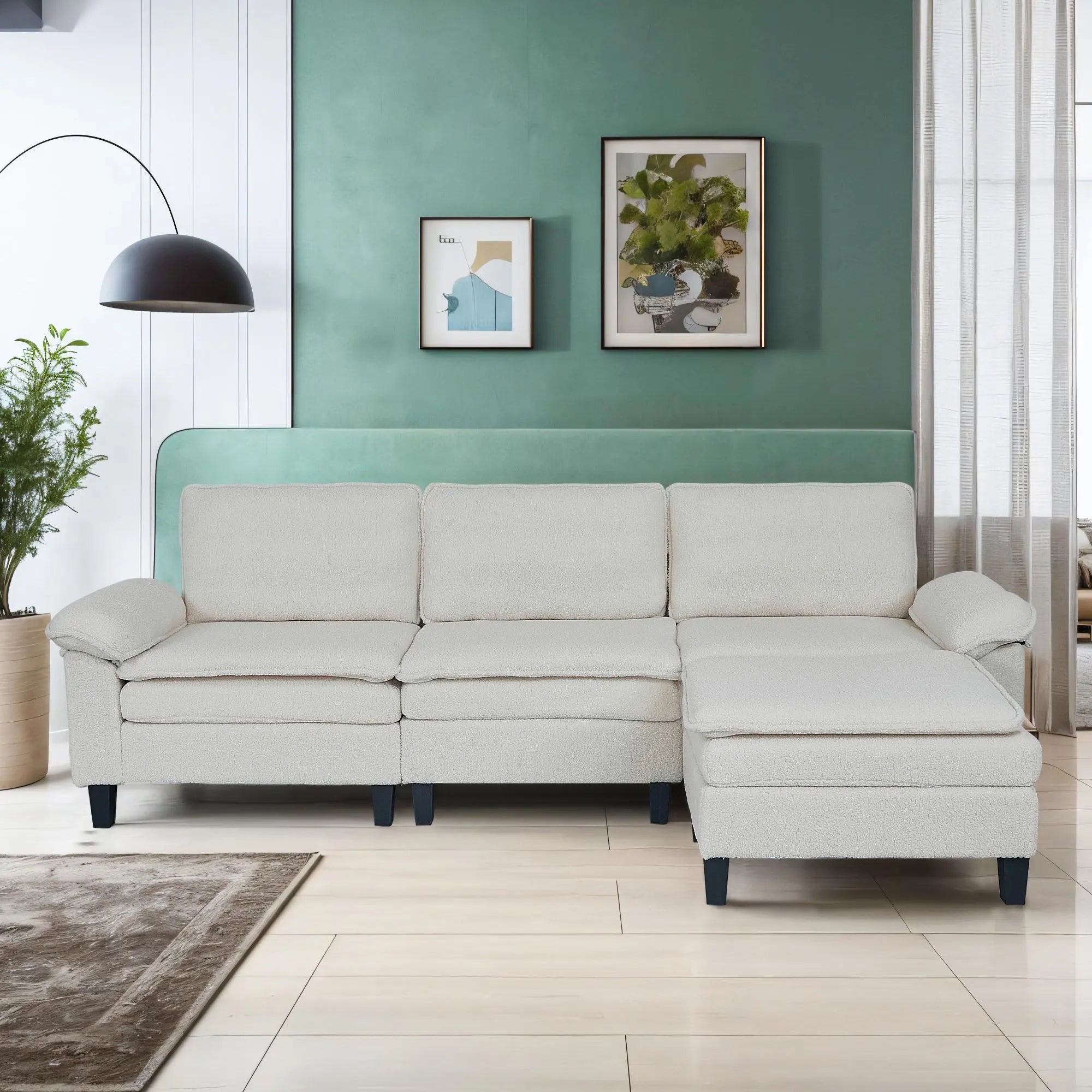 3 - Seater Modular Sofa with Ottoman - Teddy Velvet, Solid Wood & Spring Cushion, Double - Layered Seat for Living Room - NOVA - HOME - FURNITURE