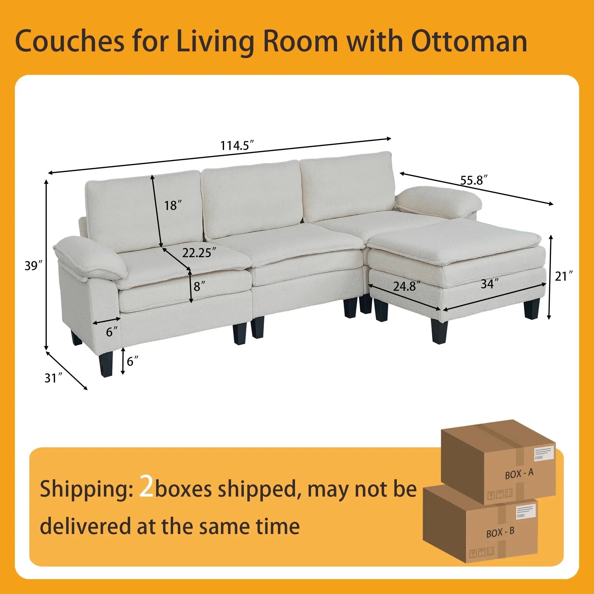 3 - Seater Modular Sofa with Ottoman - Teddy Velvet, Solid Wood & Spring Cushion, Double - Layered Seat for Living Room - NOVA - HOME - FURNITURE