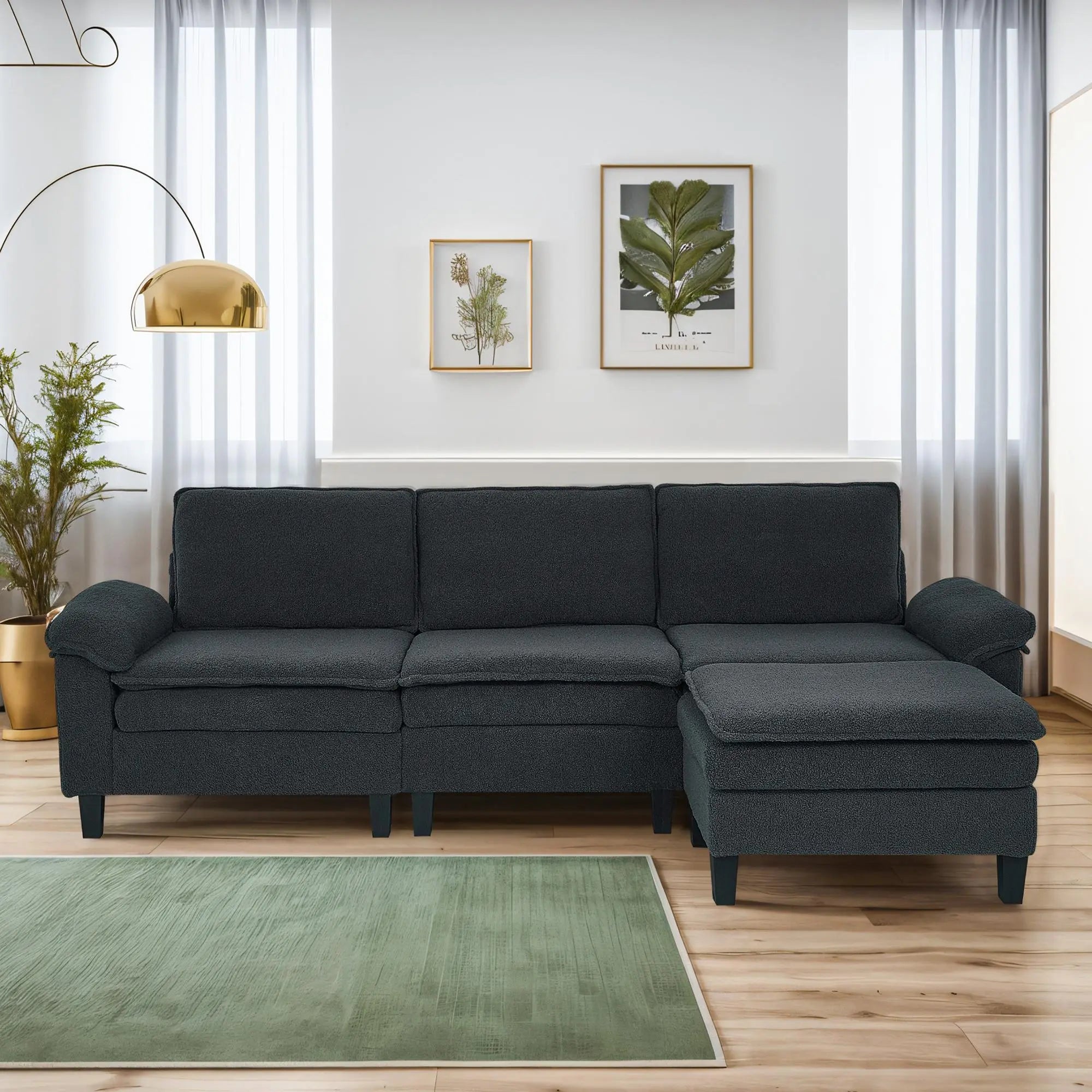 3 - Seater Modular Sofa with Ottoman - Teddy Velvet, Solid Wood & Spring Cushion, Double - Layered Seat for Living Room - NOVA - HOME - FURNITURE