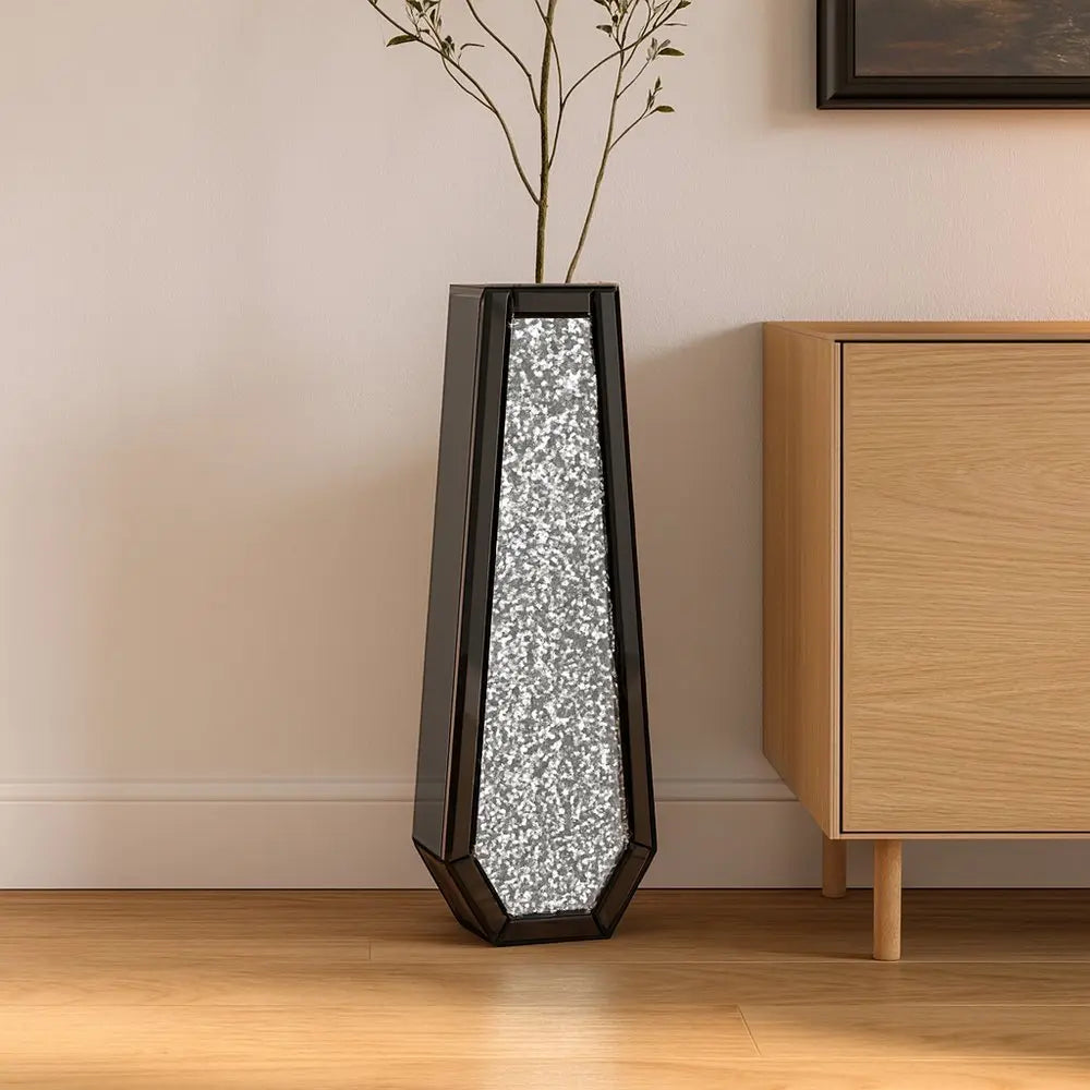 30" Black Mirrored Glass Floor Vase With Faux Crystals - NOBLE HOME INTERIORS