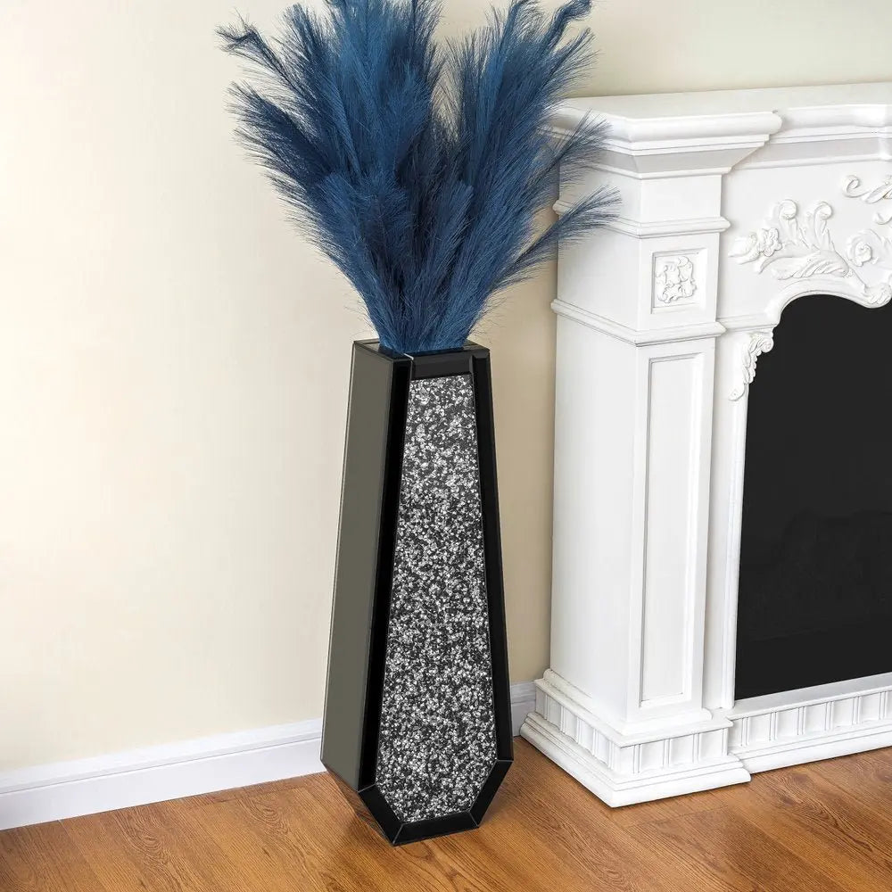 30" Black Mirrored Glass Floor Vase With Faux Crystals - NOBLE HOME INTERIORS