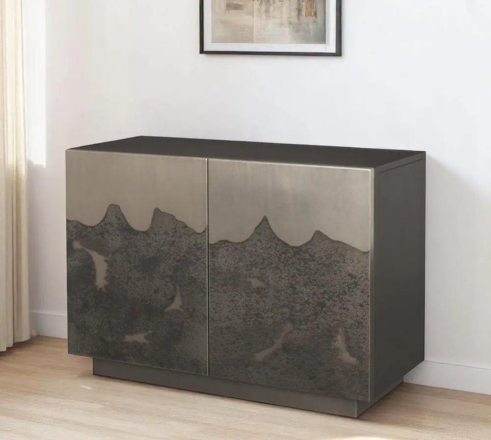 30" Gray Distressed Metal Textured Door Accent Cabinet With Two Doors - NOBLE HOME INTERIORS