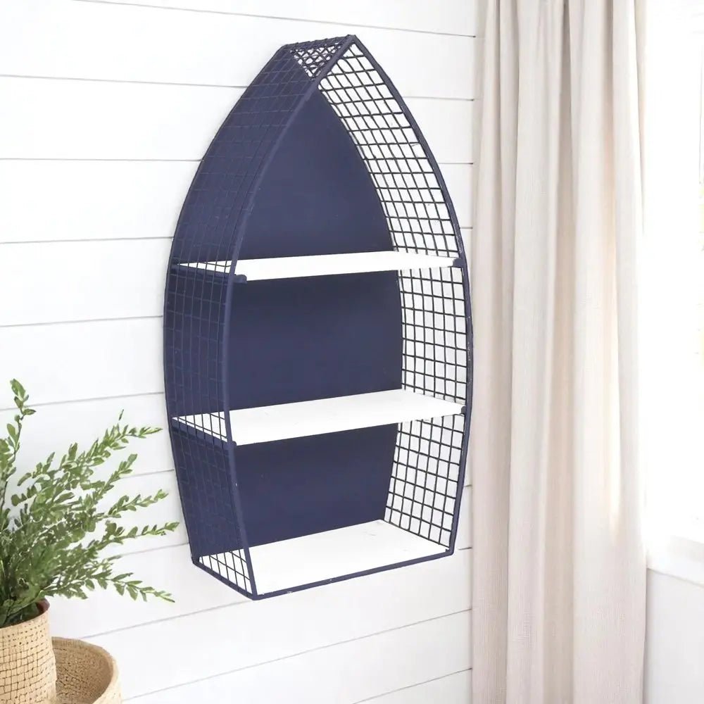 30" Navy Blue And White Metal and Wood Boat Shaped Bookcase - NOBLE HOME INTERIORS